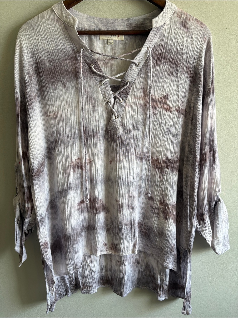 Umgee USA XL Tie Dye Crinkle Gauze Lace-Up Tunic Blouse Boho Oversized